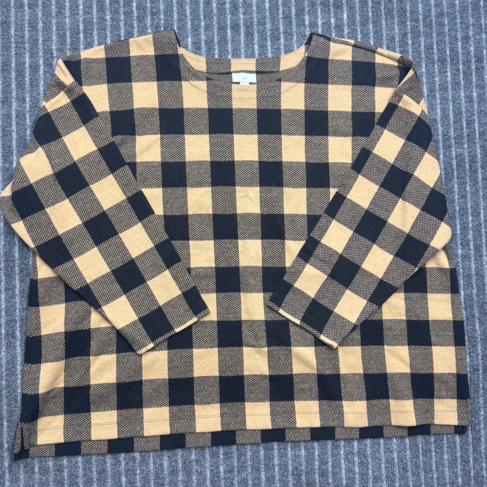J. Jill Women Buffalo Plaid Knit Top 4X Tan Black 3/4 Sleeve Cotton Blend